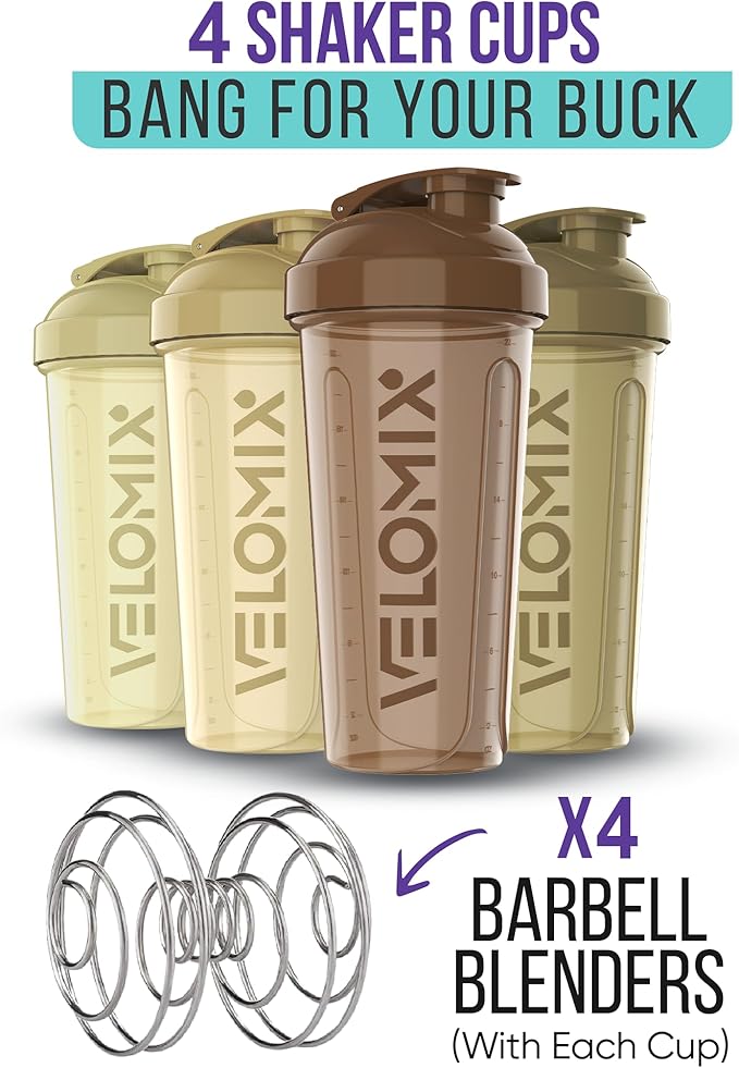 '-4 PACK- 28 oz Protein Shaker Bottle for Protein Mixes - 4x Wire Whisk | Leak Proof Shaker Cups for Protein Shakes | Protein Shaker Bottle Pack | Protein Shake Cup (Brown)-FlexoryFit