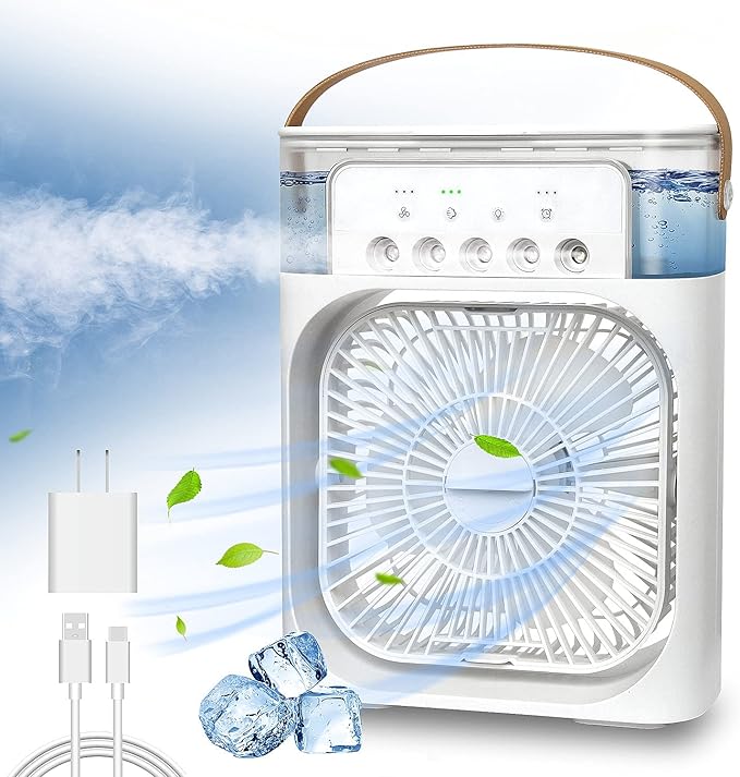 Portable Air Conditioner Fan, Mini Evaporative Air Cooler with 7 Colors LED Light, 1/2/3 H Timer, 3 Wind Speeds and 3 Spray Modes for Your Desk, Nightstand, or Coffee Table