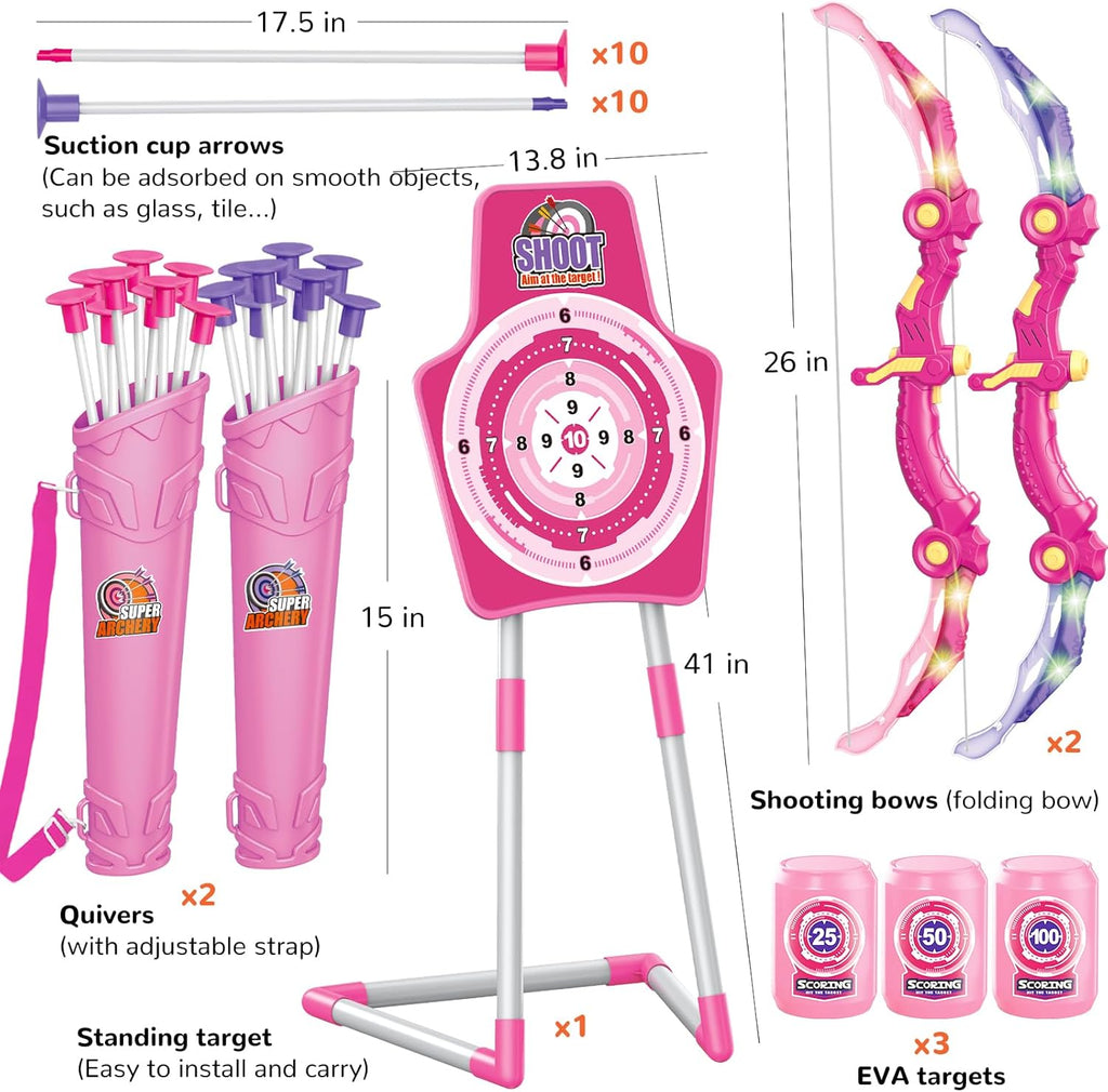 GMAOPHY Bow and Arrow Toys with LED Flash Lights, Birthday Gift for Girls 4 5 6 7 8 9 10 Year Old, Archery Set Indoor Outdoor Activity with 20 Suction Cup Arrows, 2 Targets & Quiver, Kids Sport Toys
