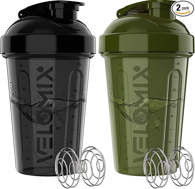 '-2 Pack- 20 oz Protein Shaker Bottles for Protein Mixes - 2x Wire Whisk, Leak Proof Shaker Cups for Protein Shakes and Pre Workout, Protein Shaker Bottle Pack, Protein Mixer Cup (Green&Black)-FlexoryFit