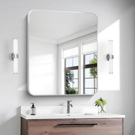 Silver Bathroom Mirror,30x36 inch Wall Mirror for Bathroom Wall Mounted,Rectangle Mirror for Bathroom Over Sink,Modern Frame Round Corner for Living Room,Bedroom Entryway,Horizontal/Vertical