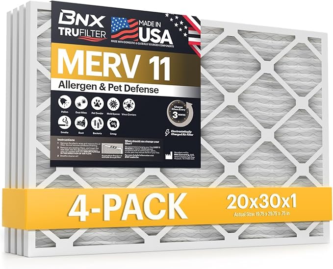 BNX TruFilter 20x30x1 Air Filter MERV 11 (4-Pack) - MADE IN USA - Allergen Defense Electrostatic Pleated Air Conditioner HVAC AC Furnace Filters for Allergies, Dust, Pet, Smoke, Allergy MPR 1200 FPR 7