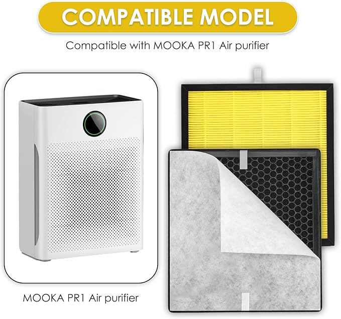 3+6 Pack PR1 Filter Pet Care Replacement Filter for Mooka PR1 Air Purifier, H13 True HEPA Filter, 3-in-1 Activated Carbon Filter for Home Large Room up to 2200sq.ft, with 6 Pieces Washable Pre-Filters