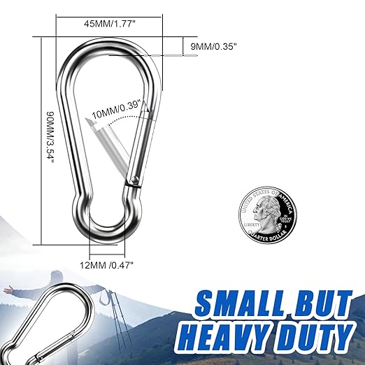 Small Carabiner Clip Hooks, 15pcs 3.54 inch Carabiners Heavy Duty, 304 Stainless Steel Spring Snap Hook Fits Camping Hiking, Metal Clips for Rope Chain Keys Rings