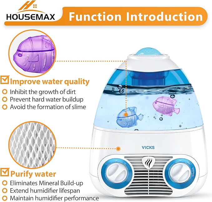 HOUSEMAX 2 Pack WF2 Humidifier Filter Replacements with 2 Humidifier Cleaning Fish, Compatible with Vicks V3100 V3500 V3600 V3700 V3800 V3900, Honeywell HCM-350, Kaz 3020, Sunbeam 1118, ECM-250i
