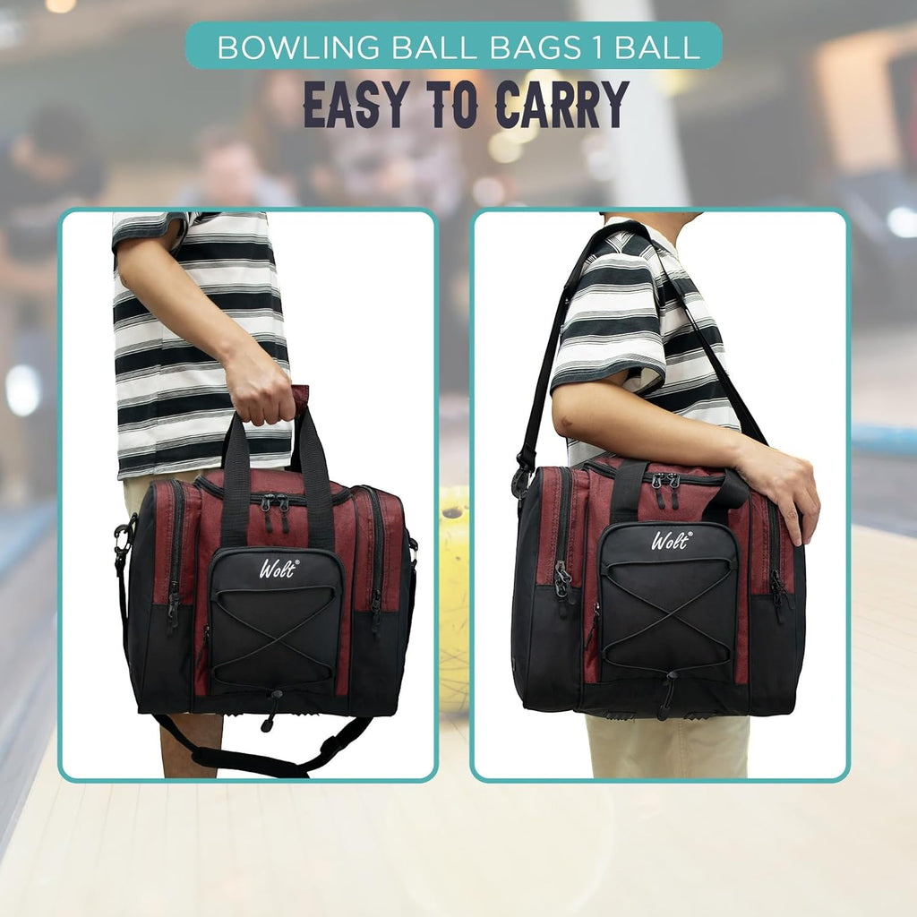 WOLT Bowling Ball Bag for Single Ball - Bowling Ball Tote Bag with Padded Ball Holder, 2 Pockets fit Bowling Shoes Up to Mens Size 14 and Accessories