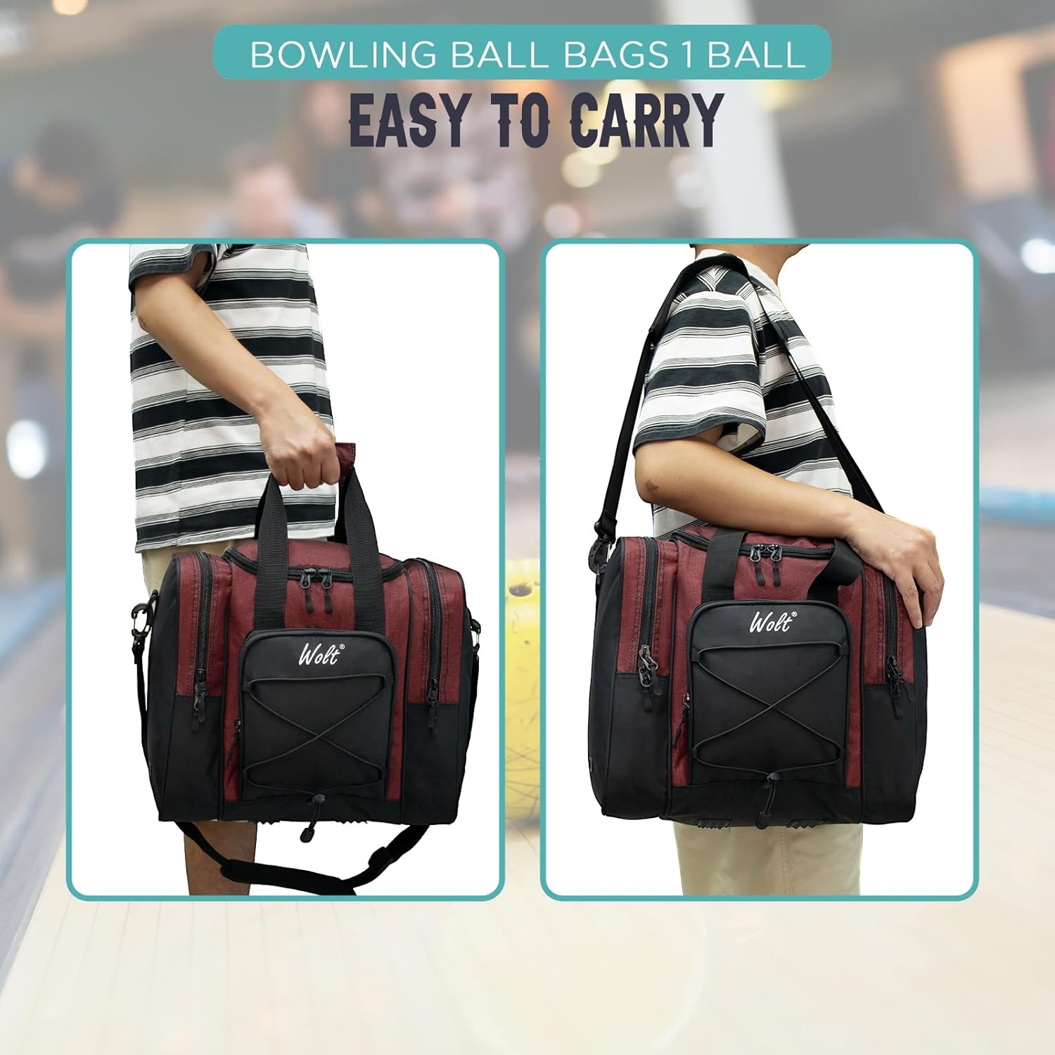 WOLT Bowling Ball Bag for Single Ball - Bowling Ball Tote Bag with Padded Ball Holder, 2 Pockets fit Bowling Shoes Up to Mens Size 14 and Accessories