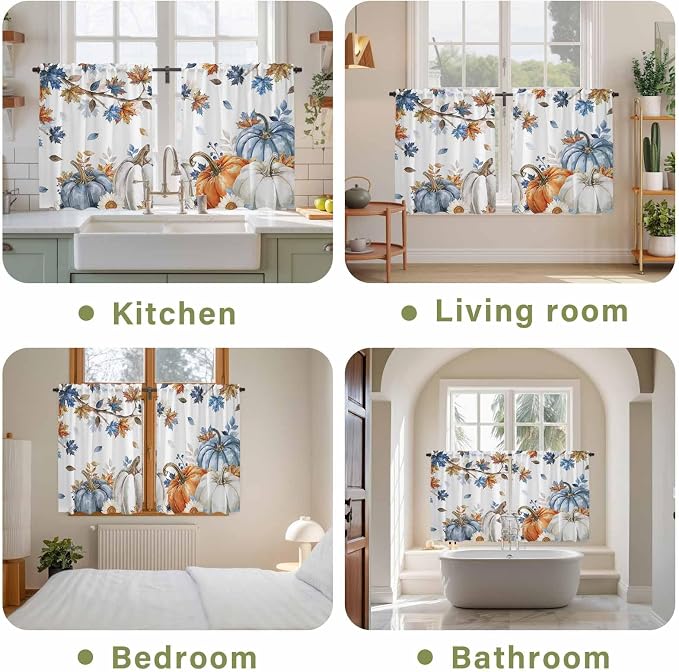 Navy Blue Pumpkin Fall Kitchen Curtains 54 Inch Long 2 Panel Set, Rod Pocket - Image 8