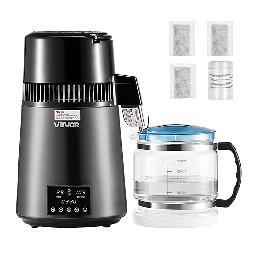 VEVOR Water Distiller, 4L 1.1 Gallon Pure Water Purifier Filter for Home Table Countertop, 1750W Distilled Maker with Glass Pot, Stainless Steel Interior Drinking Machine to Make Clean Waters, Grey