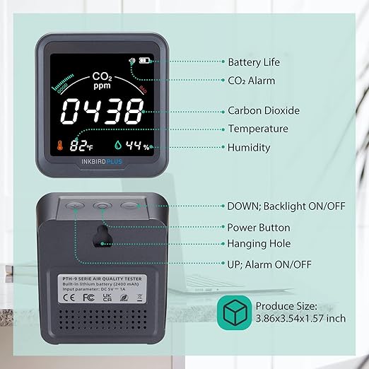 INKBIRDPLUS Indoor CO2 Detector, Air Quality Monitor, Tester for Carbon Dioxide, Temperature and Relative Humidity, Indoor CO2 Monitor with Alarm, for Grow Tents, Wine Cellars, Homes, Cars(PTH-9C)