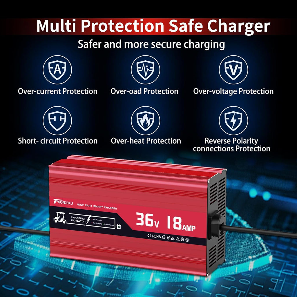 36V Golf Cart Battery Charger for EZGO RXV & TXT - 3-Pin Triangular Plug, 18 AMP, Trickle Charger Tech, 4-6H Fast Charge, 16FT Cord, Aluminum Shell