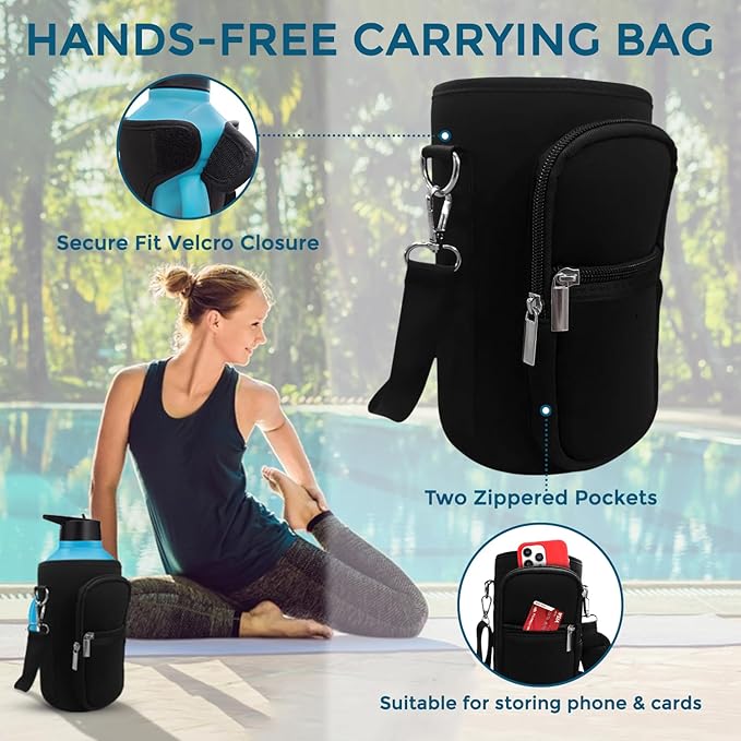 Travel Water Bottle with Carrying Bag, 3 Lids (Spout, Straw, Handle), and Bottle Brush; Leak Proof, Quality, Vacuum Insulated, Stainless Steel (Sunrise, 64 oz)