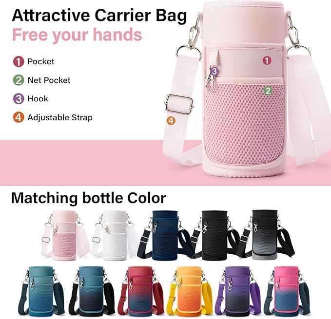 Insulated Water Bottle | Thickened Stainless Steel Vacuum Metal | Portable Sports Water Jug for Gym and Hiking with Straw, Carrier Bag, Handle Strap | BPA-Free 32 oz, Pink-FlexoryFit