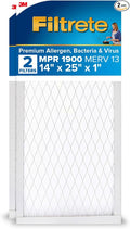 Filtrete 14x25x1 AC Furnace Air Filter, MERV 13, MPR 1900, Premium Allergen, Bacteria & Virus Filter, 3-Month Pleated 1-Inch Electrostatic Air Cleaning Filter, 2-Pack (Actual Size 13.81x24.81x0.78 in)