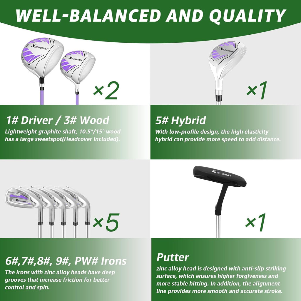 10 Pieces Complete Mens Womens Golf Clubs Set Right Hand for Men Women Includes Stand Bag with Rain Hood, 1#Driver 3#Wood #5 Hybrid,with 3 Head Covers, 6# 7# 8# 9# PW# Irons and Putter