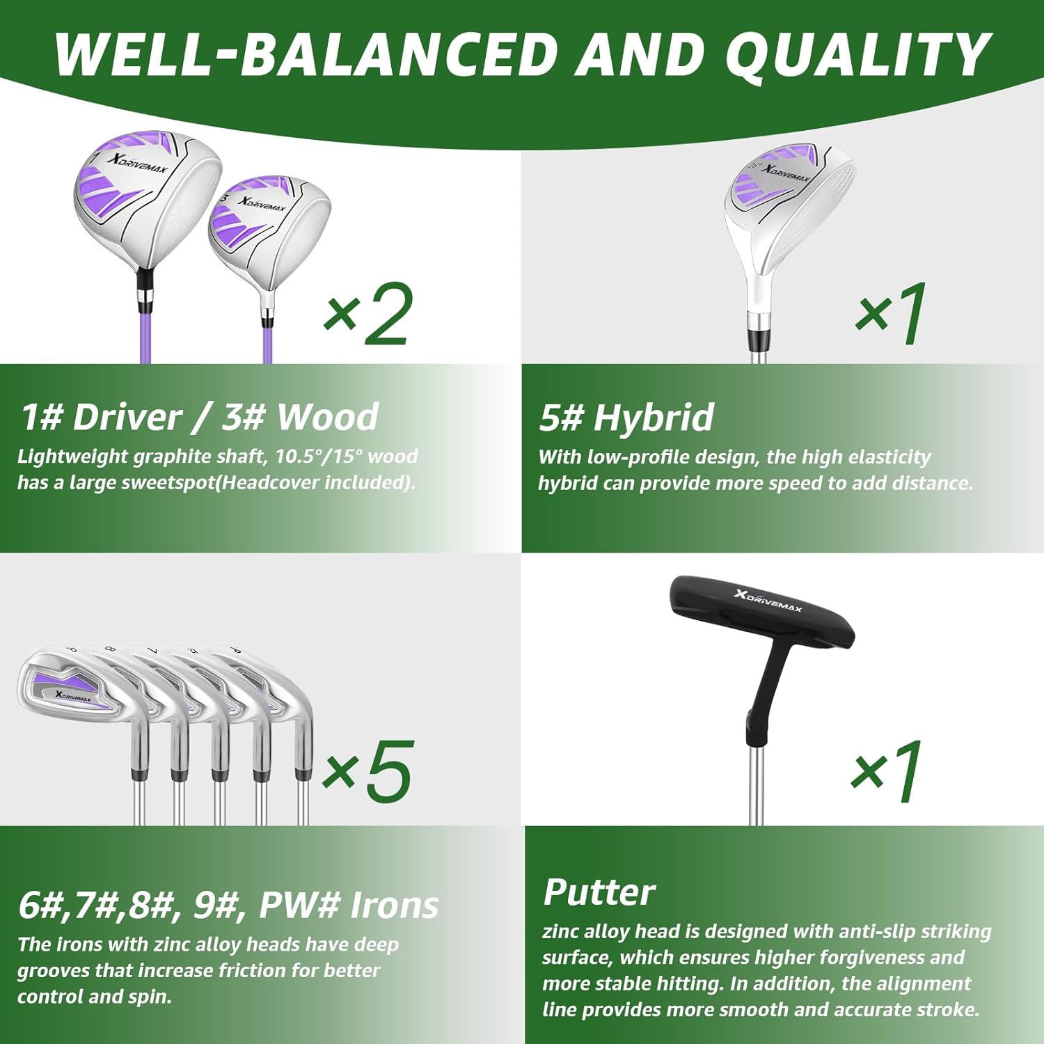10 Pieces Complete Mens Womens Golf Clubs Set Right Hand for Men Women Includes Stand Bag with Rain Hood, 1#Driver 3#Wood #5 Hybrid,with 3 Head Covers, 6# 7# 8# 9# PW# Irons and Putter