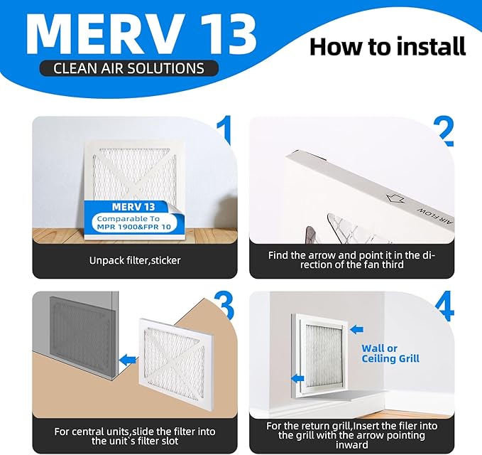 (4 Pack) 12x12x1 Furnace Air Filters, MPR 1900 & FPR 10, MERV 13 Pleated Air Filter (Actual Size: 11.75"x11.75"x0.75")