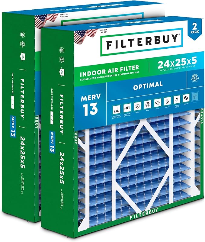 Filterbuy 24x25x5 Air Filter MERV 13 Optimal Defense (2-Pack), Pleated HVAC AC Furnace Air Filters Replacement for Carrier FILXXCAR0024, Maytag, and More (Actual Size: 23.63 x 24.69 x 4.25 Inches)