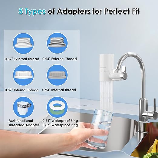 Faucet Water Filter for Sink, Rapid Flow - 400 Gallons Faucet Mount Water Filtration System for Tap Water, NSF Certified Reduces Chlorine & Bad Taste with 1 Replacement (White-T1-1Filter)