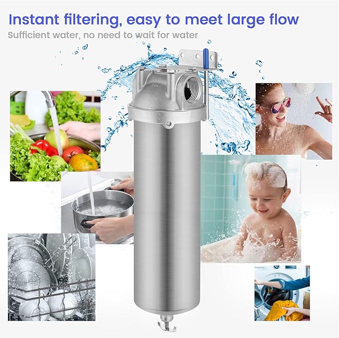 Amwater NSF/ANSI 42 Stainless Steel Whole House Water Filter Housing, 10" x 2.5" Sediment Water Filter System for Heavy Duty, Well & City Water, 1" NPT Port, Drain Valve Style A