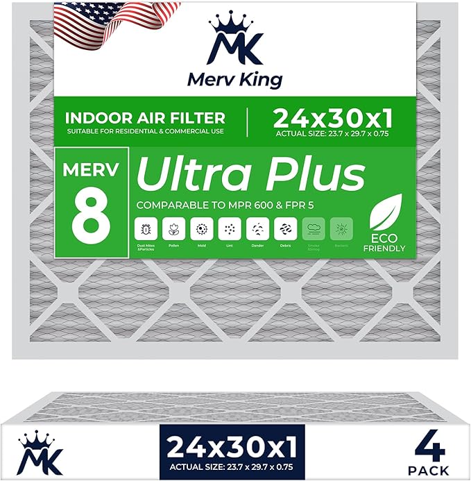 MervKing 24x30x1 Air Filter Actual Size: 23.7" x 29.7" x 0.75" MERV 8 MPR 600-700 | MADE IN USA | 4-Pack | Pleated HVAC AC Furnace Replacement