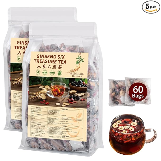 Kidney Tea Formula Ginseng Six Treasure Tea - Natural Chinese Traditional Herbal Ginseng Five Treasures Kidney Detox Cleanse Teabag For Men Women - 60 Bags-FlexoryFit
