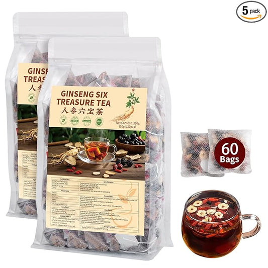 Kidney Tea Formula Ginseng Six Treasure Tea - Natural Chinese Traditional Herbal Ginseng Five Treasures Kidney Detox Cleanse Teabag For Men Women - 60 Bags-FlexoryFit