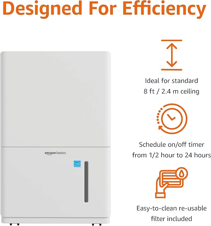 Amazon Basics Large Dehumidifier for Rooms, Energy Star Certified, Effectively Reduces Humidity, Timer, Auto-Defrost, Overflow Protection, up to 2500 SFT, 35 Pint, White