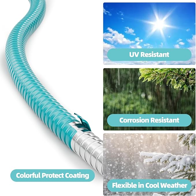 50ft 304 Stainless Steel Garden Hose Metal, Heavy Duty Water Pipe with Nozzles for Yard, Outdoor - Flexible, Never Kink & Tangle, Puncture Resistant (Sky Blue)
