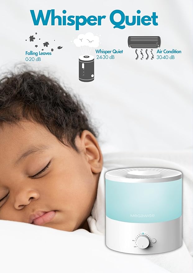 MEGAWISE 1.5L Cool Mist Humidifier for Bedroom, Home, Office, and Plants, Essential Oil Diffuser with Adjustable Mist Output, 25dB Quiet Ultrasonic, Up to 10 Hours, Easy to Clean