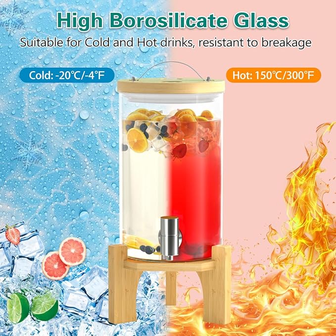 1.2 Gallon Glass Drink Dispenser For Parties, Beverage Dispenser With Bamboo Wood Stand And Stainless Steel Spigot, Countertop Water Dispenser, Lemonade Dispenser For Wedding, Picnic (2PACK)