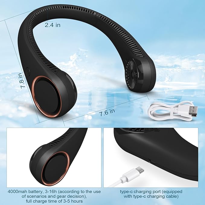 CIVPOWER Neck Fan: Portable Personal Neck Cooling Rechargeable Bladeless Fan - Hands Free 3 Speed 4000 mAh Battery USB Operated Wearable Headphone Design - for Men Women Outdoor Indoor (Black)