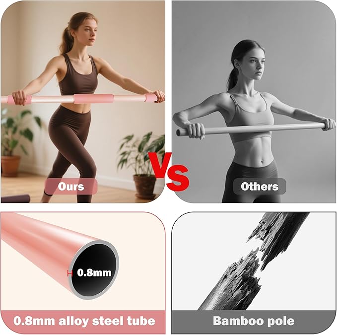 Pink Yoga Stick 58 Inch - Alloy Steel Stretching, Mobility & Exercise Stick with Neck & Hand Pads, Shoulder Flexibility Tool for Yoga, Pilates & Home Gym Workouts-FlexoryFit