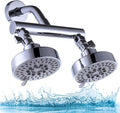 AZOS Double Shower Head with Shut-Off Valve, Bathathroom High Pressure Dual Fixed Rain Shower Head Combo with Brass Dual Outlet Manifold, Adjustable 5 Function Showerhead Chrome