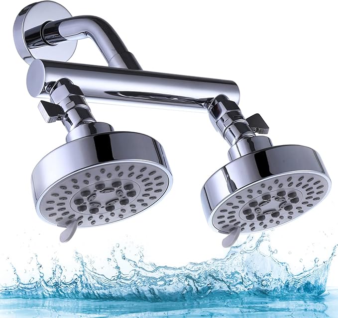 AZOS Double Shower Head with Shut-Off Valve, Bathathroom High Pressure Dual Fixed Rain Shower Head Combo with Brass Dual Outlet Manifold, Adjustable 5 Function Showerhead Chrome