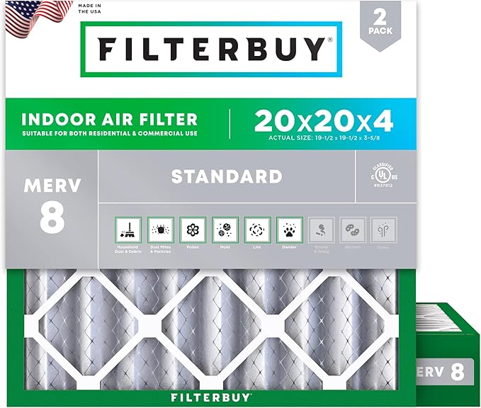 Filterbuy 20x20x4 Air Filter MERV 8 (MPR 700) Dust Defense Replacement (2-Pack), Electrostatic Pleated HVAC AC Furnace Filters, Made in USA (Actual Size: 19.50 x 19.50 x 3.63)
