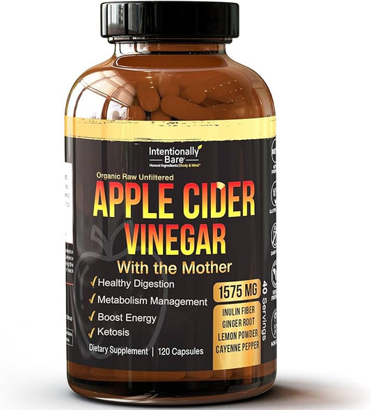 Intentionally Bare Apple Cider Vinegar with Mother Capsules - ACV Capsules with Ginger, Lemon, Cayenne and Inulin - Keto Friendly and Gluten Free for Energy, Immunity and Gut Health - 120 Capsules-FlexoryFit