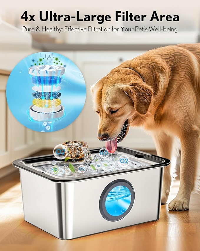 Dog Water Fountain for Large Dogs Stainless Steel 3 Gallon 12L Extra Big Pet Water Bowl Dispenser,Cat Drinking Fountains with Filters for Small Medium Large Dogs and Multi-Pet,Ultra-Quiet Pump