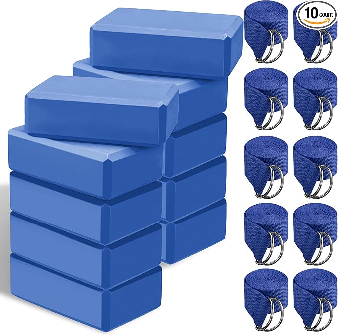 Outus 20 Pack Yoga Blocks and Straps Non-Slip EVA Foam Blocks with Metal D Ring Straps for Gym Exercise and Workout-FlexoryFit