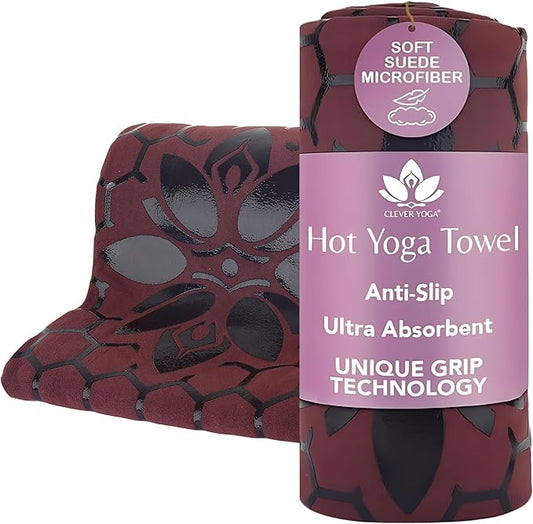Clever Yoga Non-Slip Hot Yoga Towel – Non-Slip Grip for Hot Yoga, Sweat Absorbent, Honeycomb Silicone Grip, Stays Flat – Ideal for Pilates, Travel, Washable & Lightweight - Burgundy-FlexoryFit