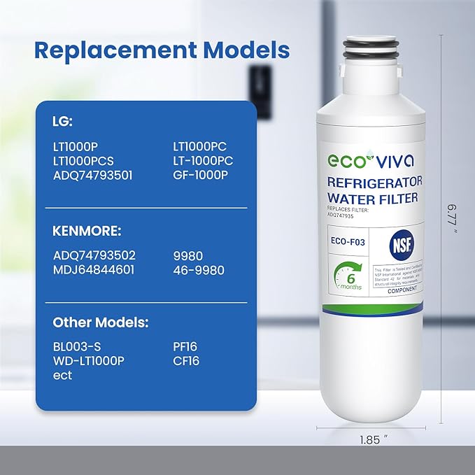 Ecoviva LT1000P Replacement Water Filter, NSF/ANSI 42, Compatible with LT1000P MDJ64844601 9980 LT1000PC ADQ74793501 LT1000 LMXS28626S LFXS26973S Refrigerator Water and LT120F Air Filter 3 Pack