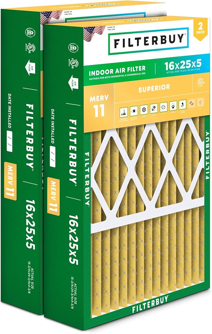 Filterbuy 16x25x5 Air Filter MERV 11 Allergen Defense (2-Pack), Pleated HVAC AC Furnace Air Filters for Honeywell FC100A1029, Lennox X6670, Carrier, & More (Actual Size: 15.75 x 24.75 x 4.38 Inches)
