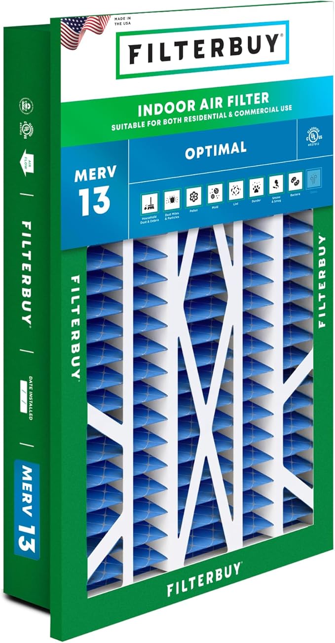 Filterbuy 16x25x5 Air Filter MERV 13 Optimal Defense (1-Pack), Pleated HVAC AC Furnace Air Filters Replacement for Honeywell Return Grille (Actual Size: 14.38 x 23.38 x 3.69 Inches)