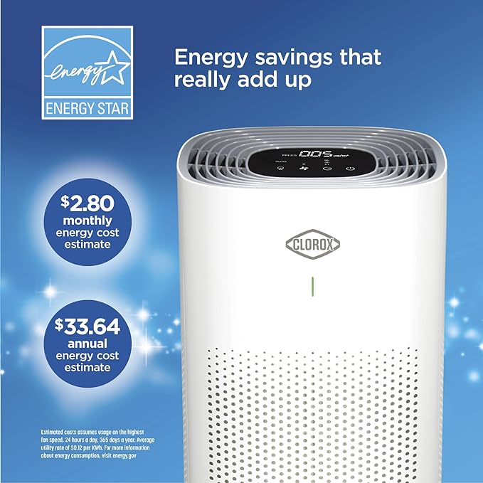 Clorox Air Purifiers for Home, True HEPA Filter, Large Rooms up to 1,500 Sq Ft, Removes 99.9% of Mold, Viruses, Wildfire Smoke, Allergens, Pet Allergies, Dust, AUTO Mode, Whisper Quiet