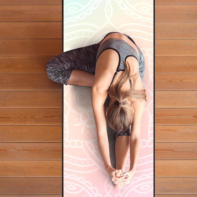 QiyI Yoga Mat Towel with Corner Pockets, Non Slip Sweat Absorbent Hot Yoga Towels, Soft Yoga Blankets with Travel Bag, Skidless Mat Cover for Workout, Gym, Fitness - 70"x26", Dreamy Pink Mandala-FlexoryFit