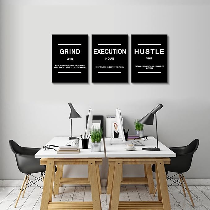 Framed Canvas Wall Art Success Quote, Office Wall Art, Black Large Poster, Positive Motivational Set of 3 Prints, Execute Failure Definition, Inspirational Print (B-3pcs,12x16inchx3pcs)-FlexoryFit