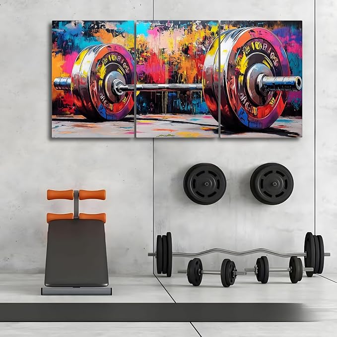 sawjug Gym Barbell Wall Decor, Colorful Graffiti Canvas Wall Art, Gym Motivational Wall Art, Colorful Pictures Wall Decor, Wall Painting for Living Room, Bedroom (12" x 18" x 3 pcs)