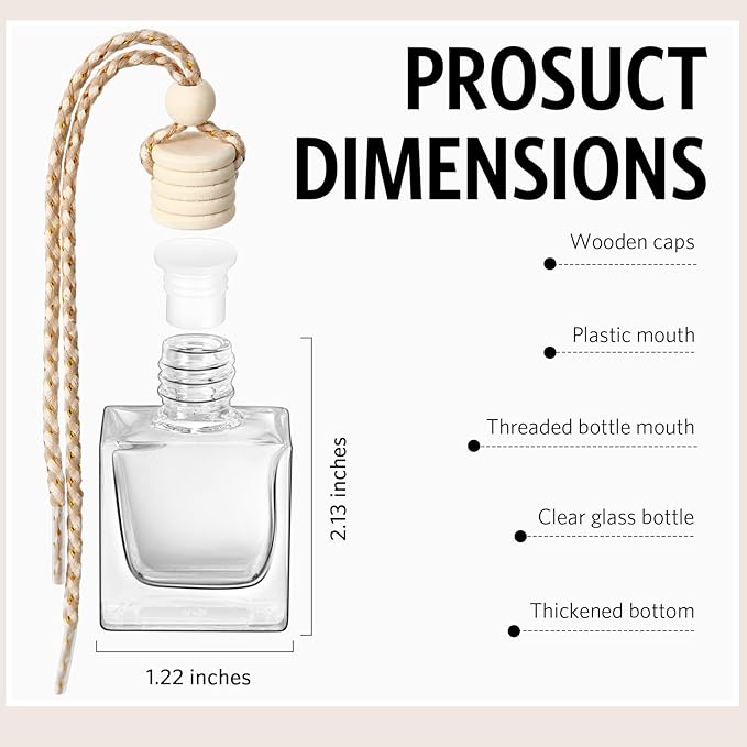 BBTO 100 Pcs Oil Air Freshener Diffuser with Wooden Cap Empty Essential Diffuser Aromatherapy Car Fresheners Car Fragrance Holder Aesthetic Decor Hanging Perfume Bottle (Clear,square Style)