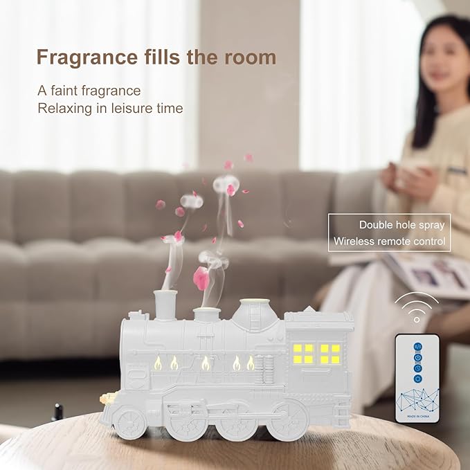 Train Diffuser 300ml, Aromatherapy Diffuser Cool Mist Ultrasonic Aroma Train Diffuser with Remote Control 2 Light 2 Mist Mode Auto Shut-Off for Bedroom Office Hotel (White)