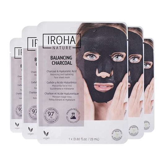 IROHA NATURE Face Masks - Packs for Better Skin (Pack of 5, Rebalancing & Hydrating Tissue Face Mask with Charcoal & Hyaluronic Acid)-FlexoryFit